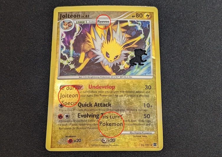 Fake Pokémon card: Jolteon with spelling mistakes